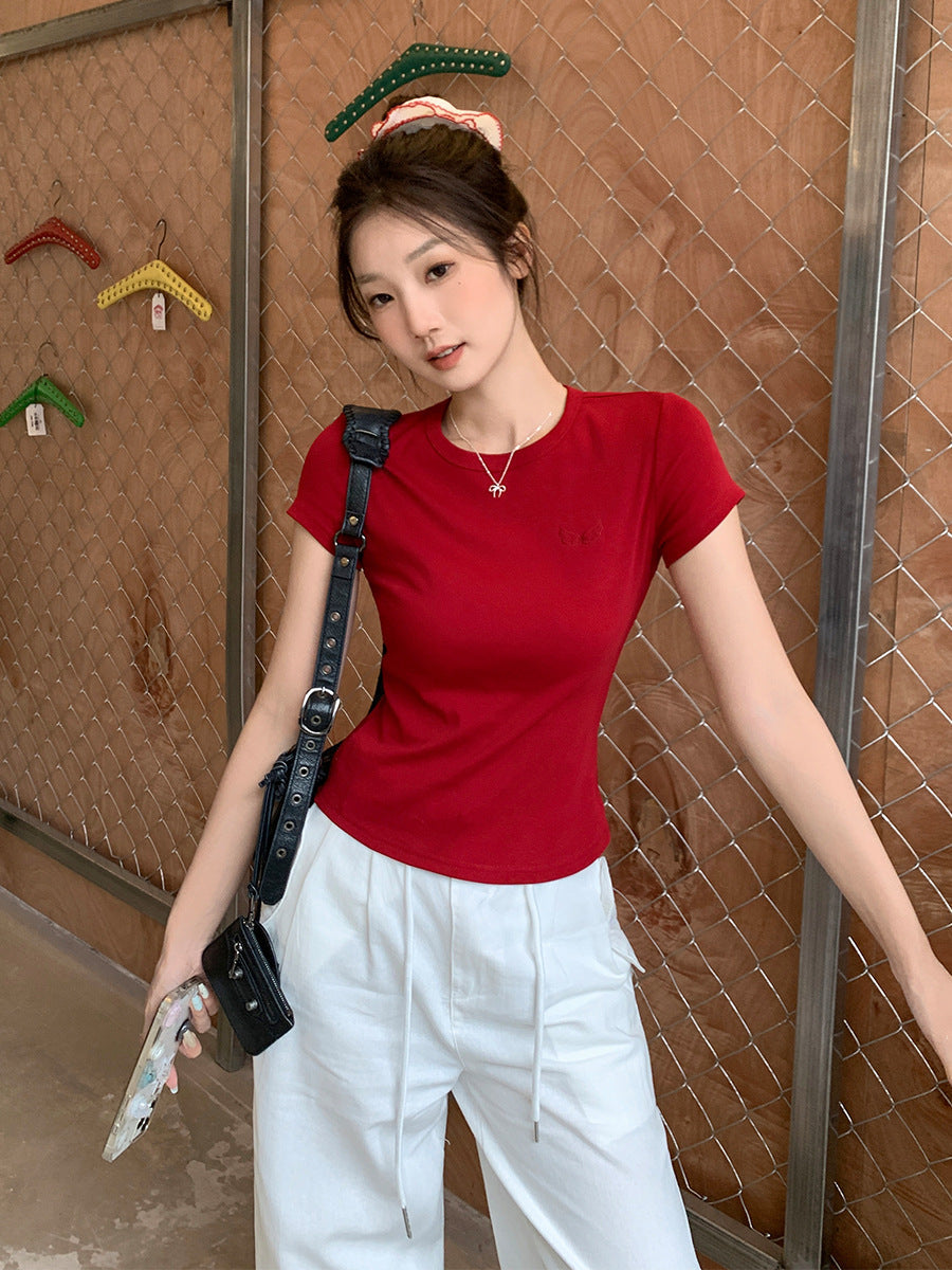 Women Korean Embroidered T-Shirt 2026 Slim Fit Summer