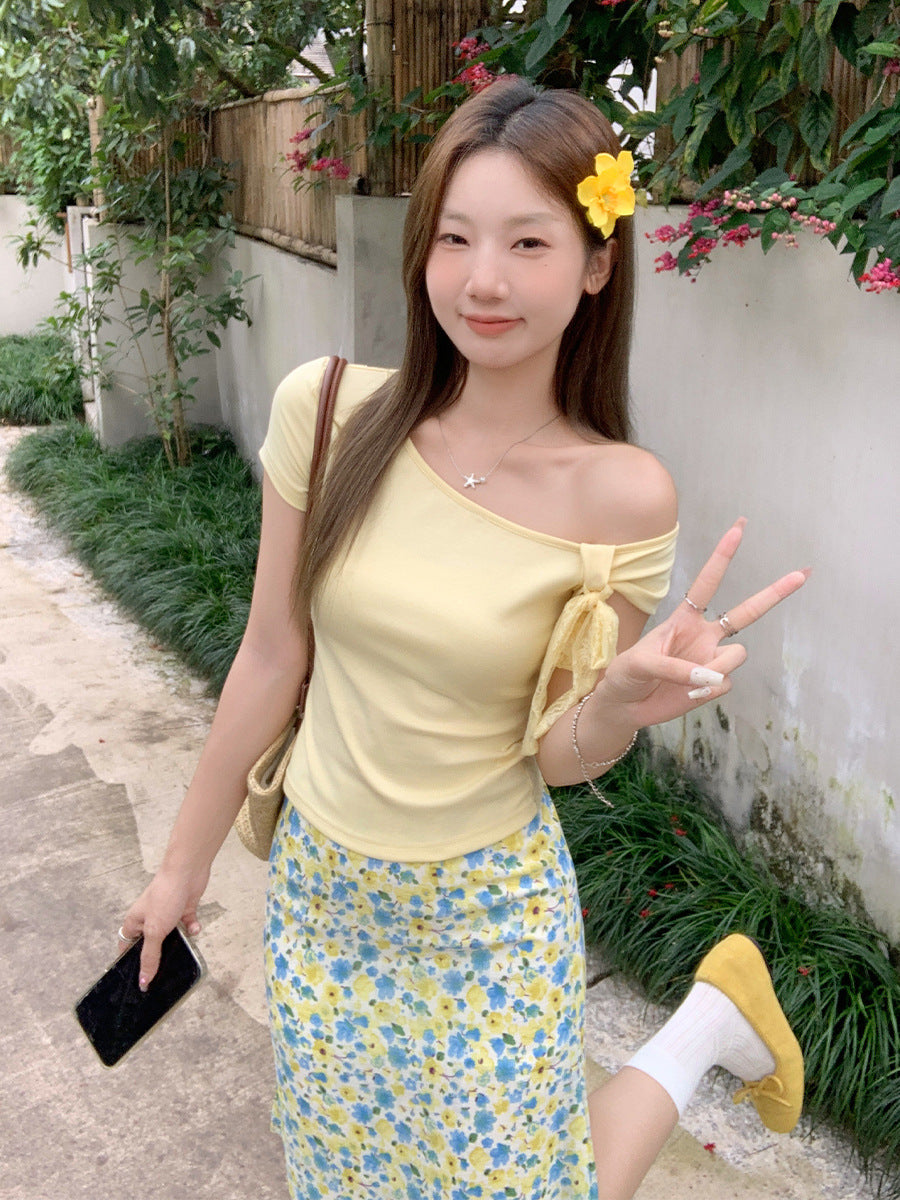 Women Bow Off Shoulder T-Shirt 2026 Slim Summer Top