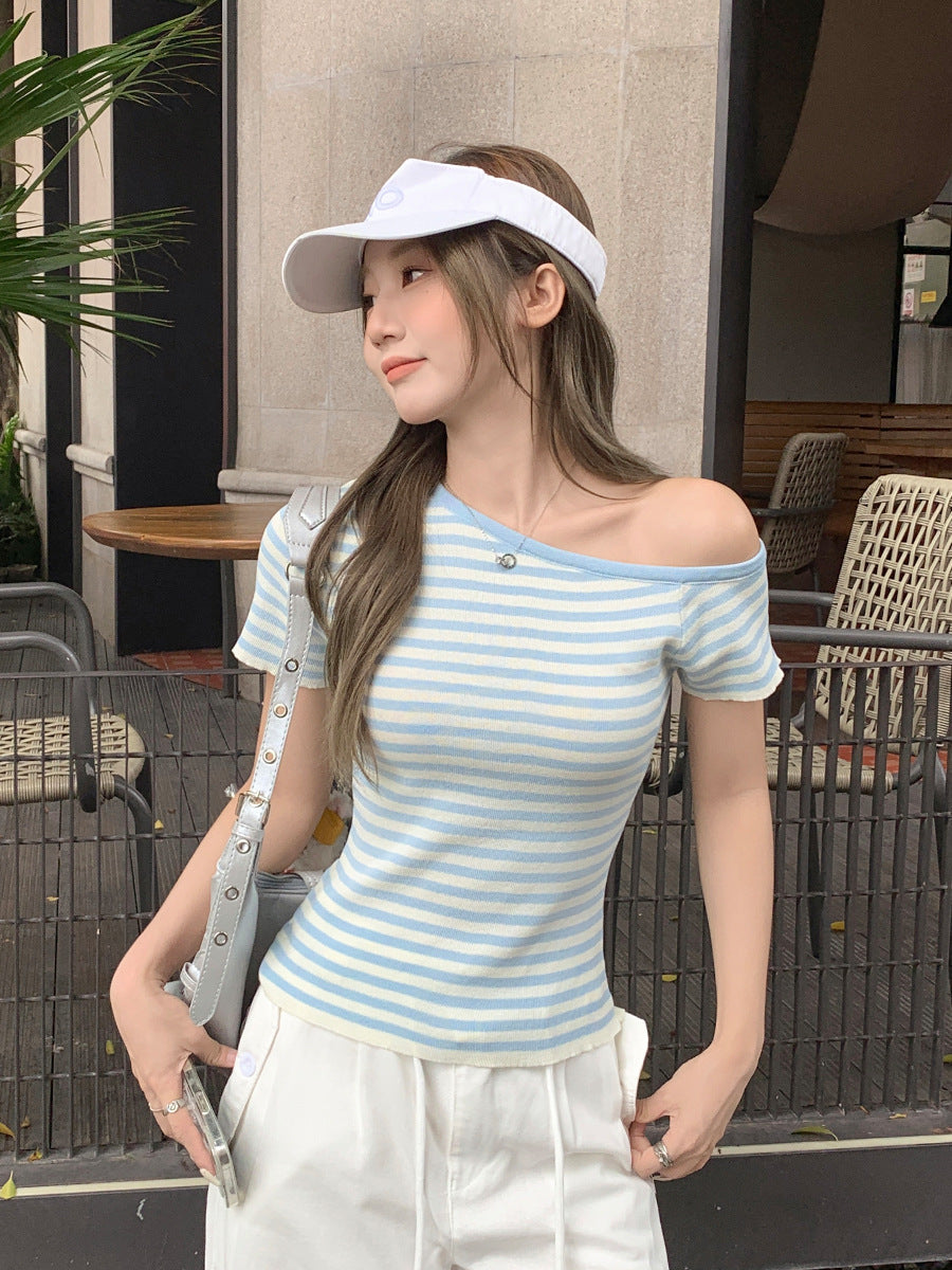 Women Striped One Shoulder Knit Top 2026 Summer Slim Fit