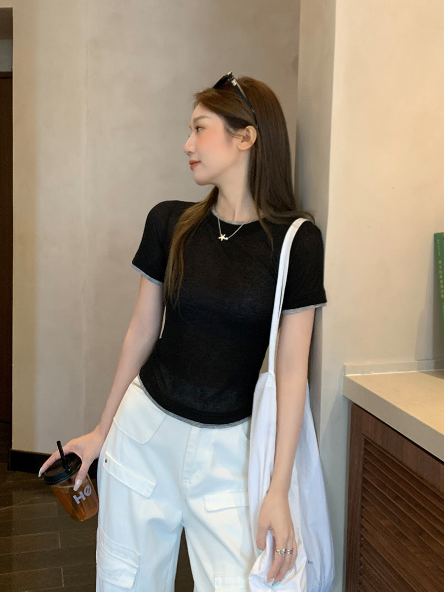Women Color Block T-Shirt 2026 Casual Summer Top