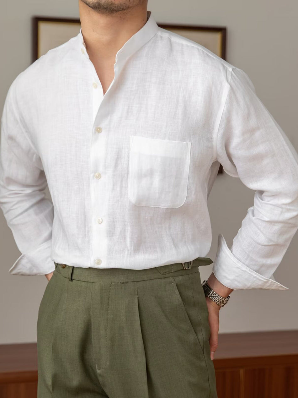 Linen Stand Collar Relaxed Casual Shirt
