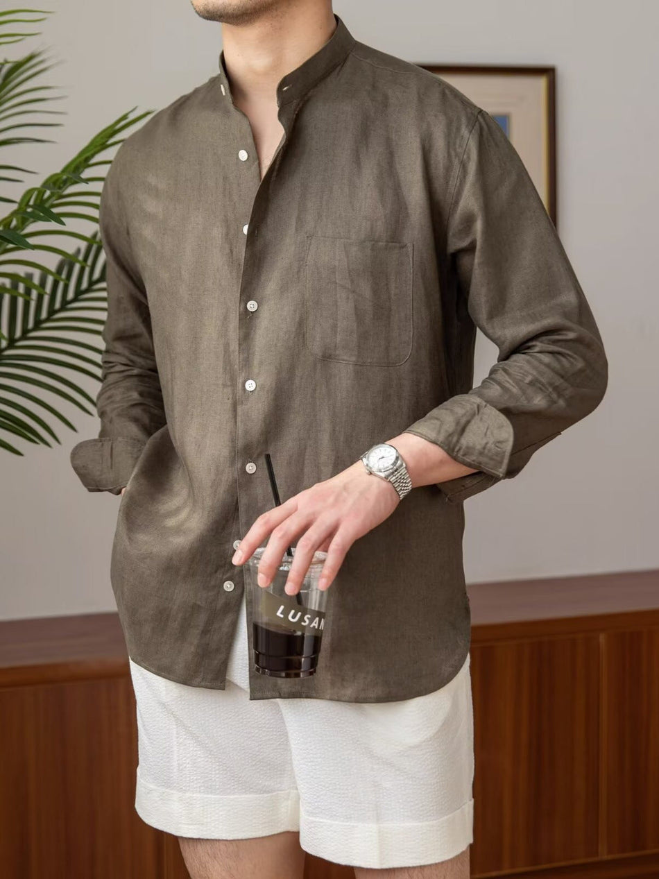 Linen Stand Collar Relaxed Casual Shirt