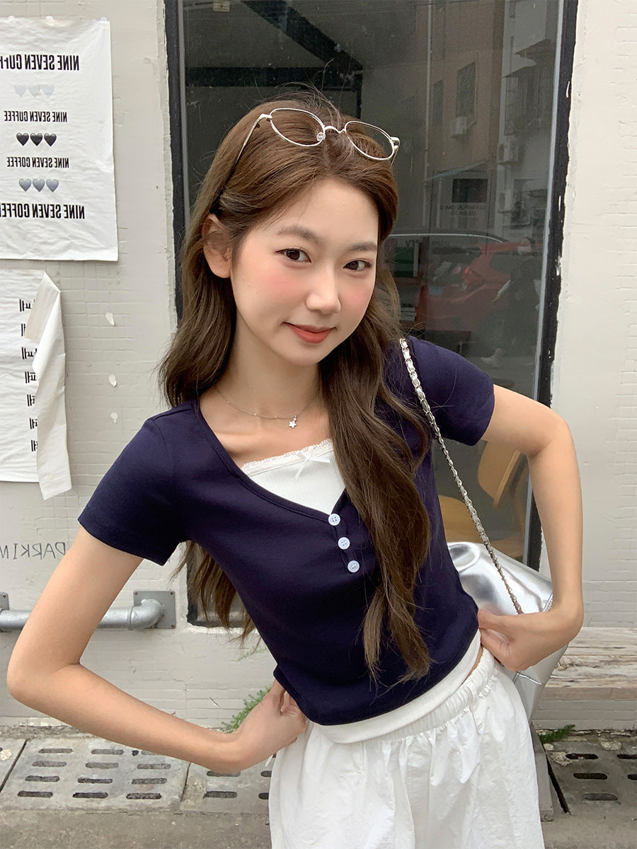 Women Lace Patchwork T-Shirt 2026 Faux Two Piece Top
