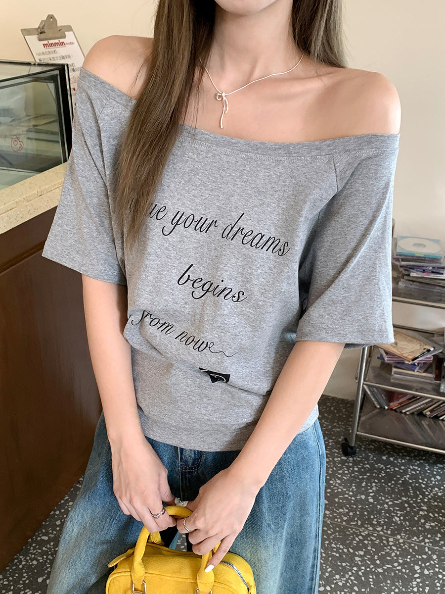 Women One Shoulder Letter Print T-Shirt 2026 Summer Top