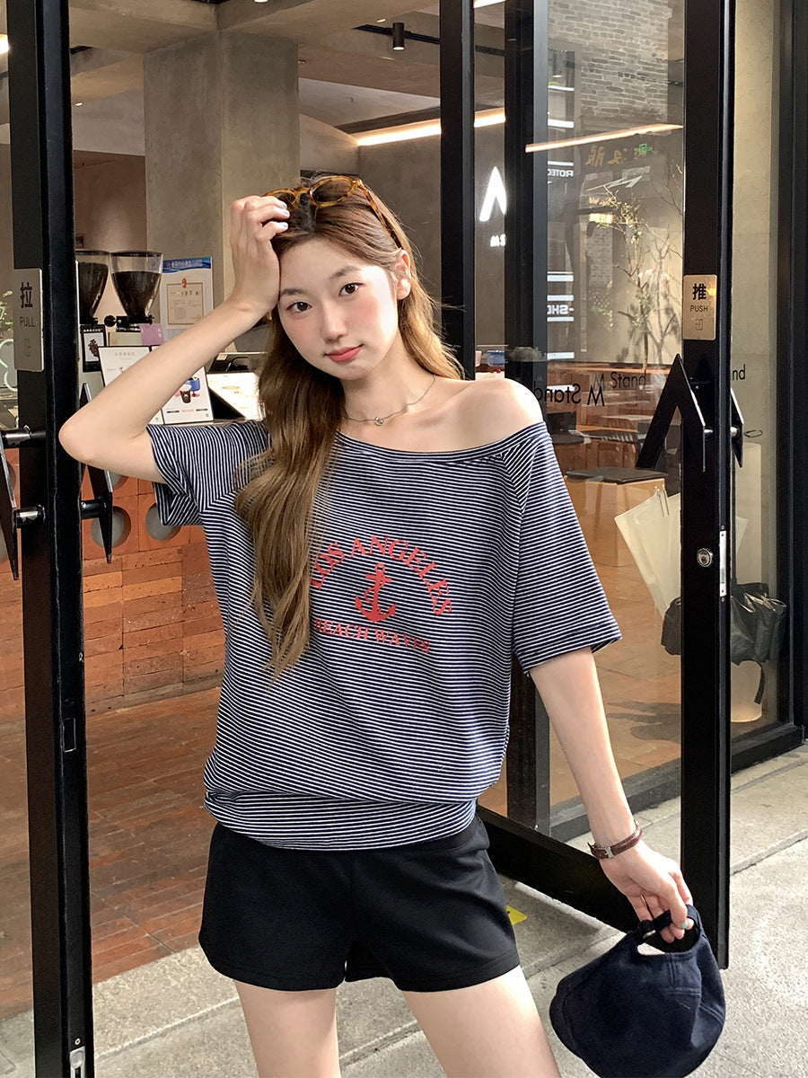 Women Striped One Shoulder T-Shirt 2026 Summer Top