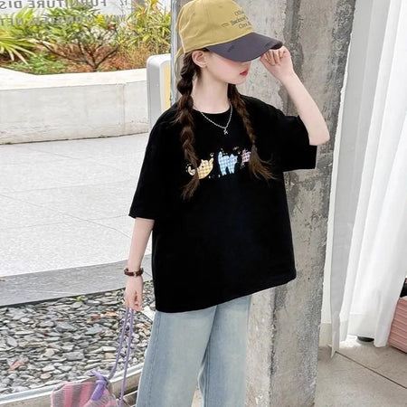 Girls’ Summer Cotton T-Shirt 2025 – Stylish Loose Top – Summer Kids Fashion Nepal | Tudoholic