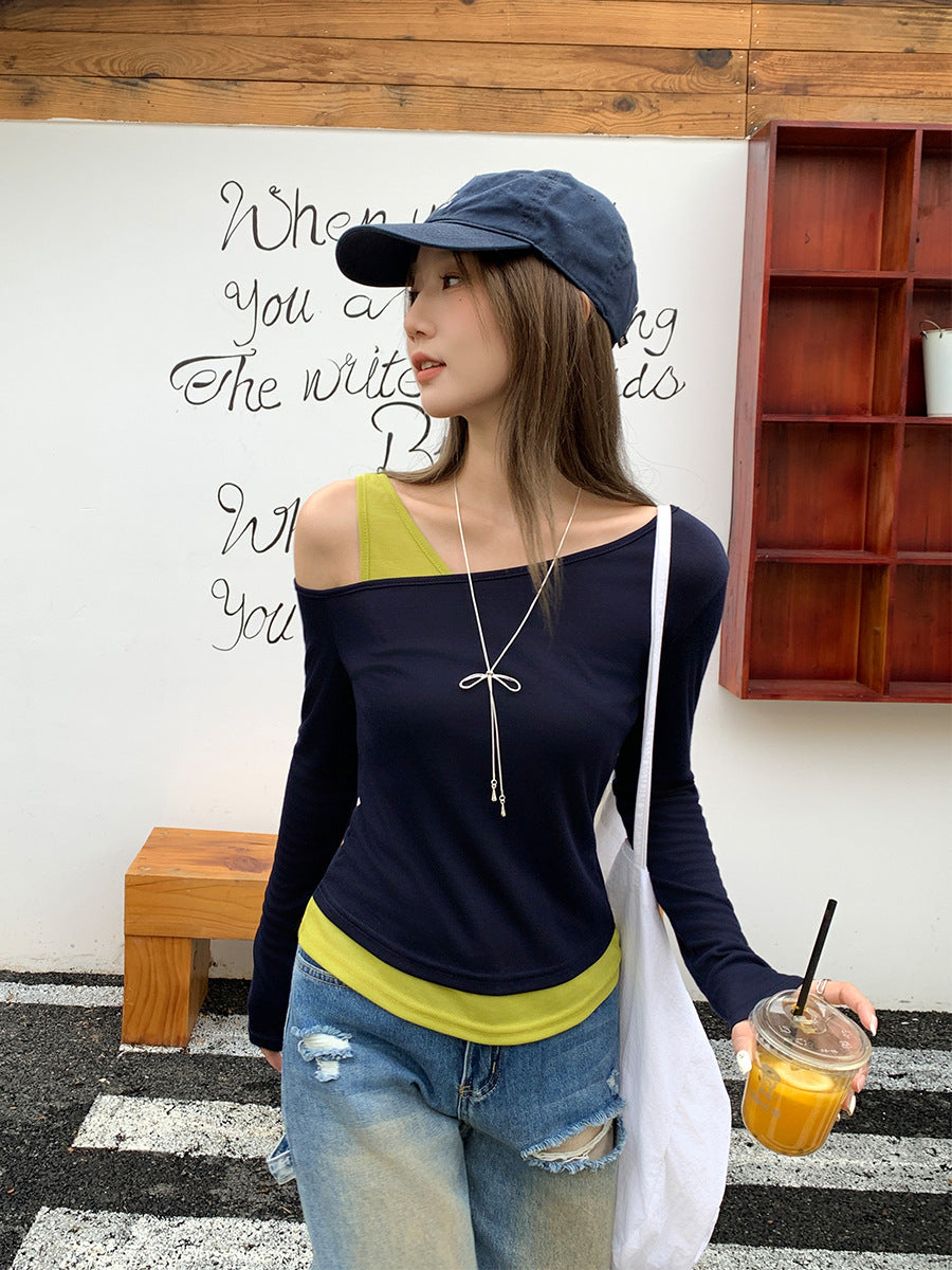 Women Off Shoulder Faux Two Piece Top 2026 Slim Fit