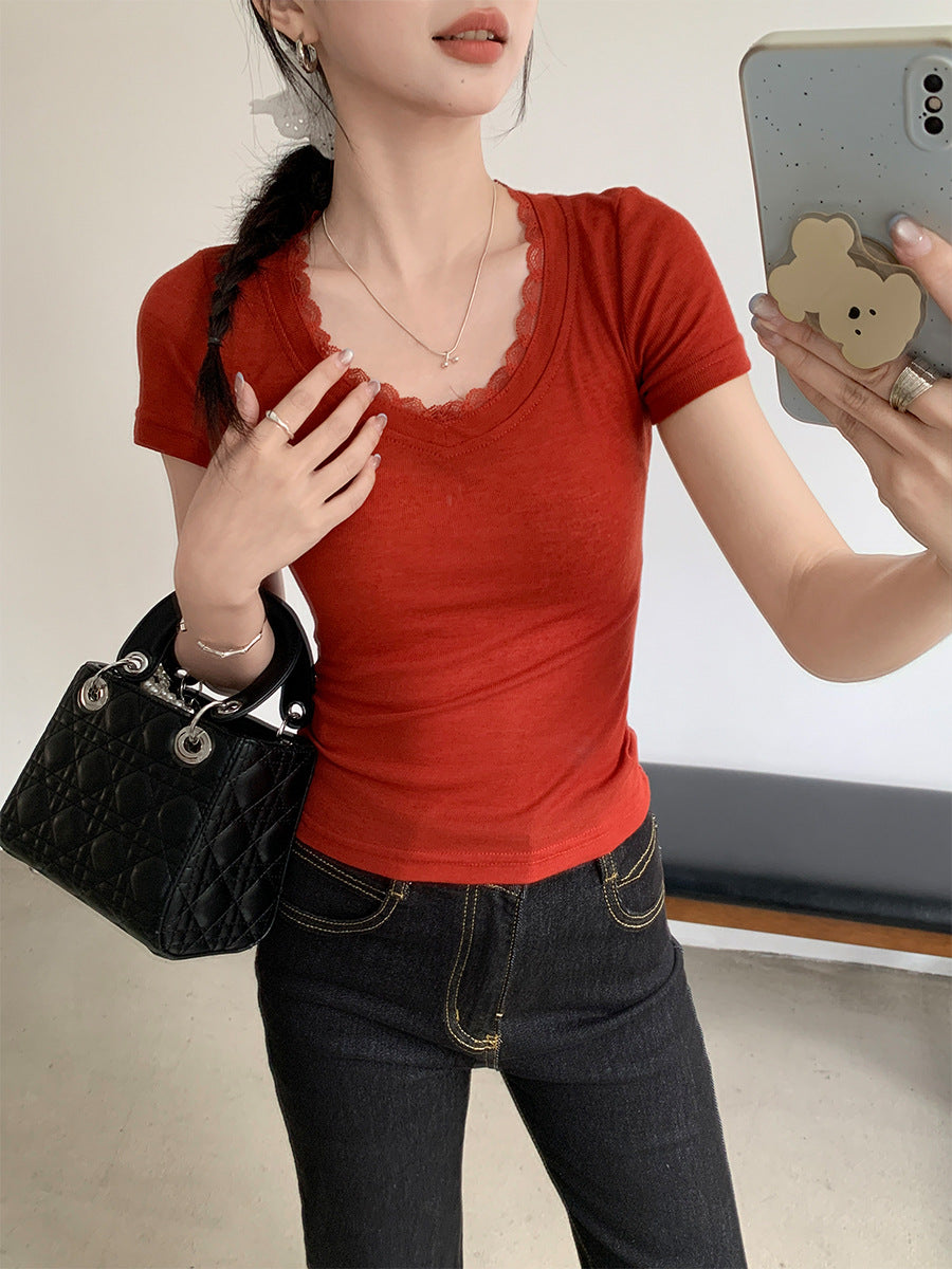 Women Lace Splicing T-Shirt 2026 Low Neck Summer Top