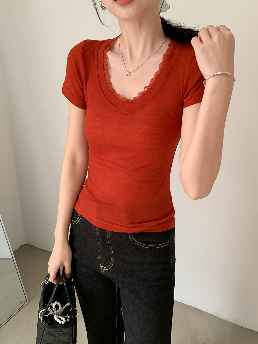 Women Lace Splicing T-Shirt 2026 Low Neck Summer Top
