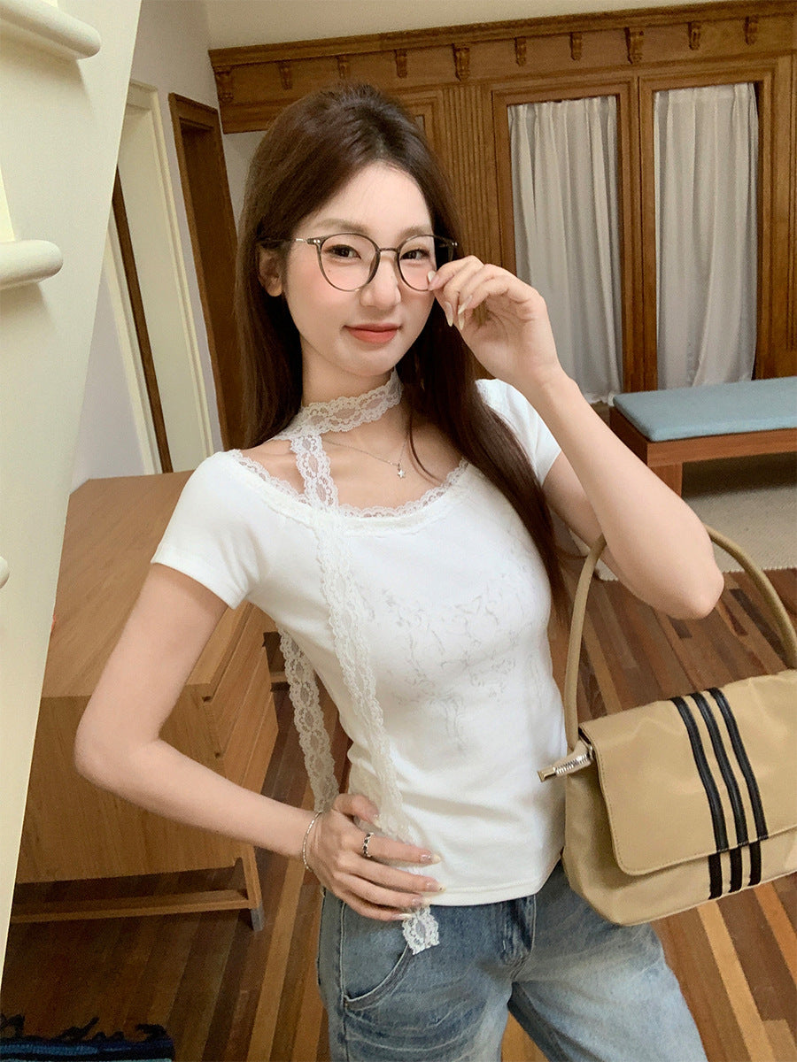 Women Lace Diagonal Collar T-Shirt 2026 Slim Fit Top