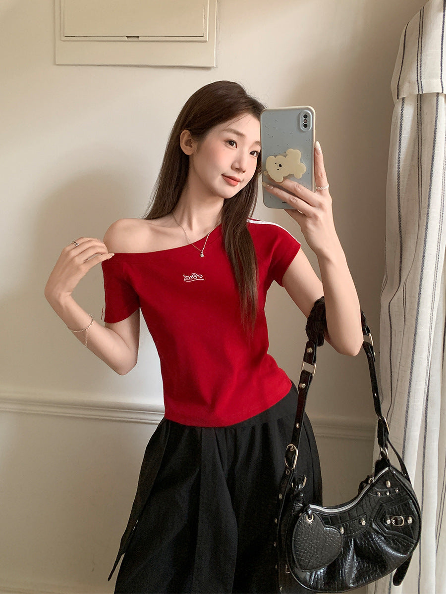 Women Oblique Collar Embroidered Top 2026 Slim Fit