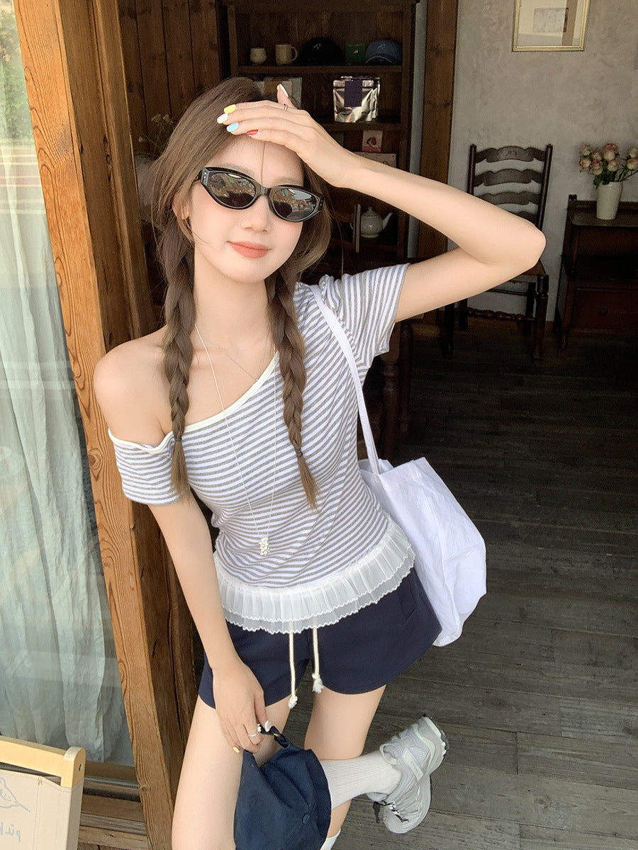 Women Striped Slant Collar Lace Hem Top 2026 Summer