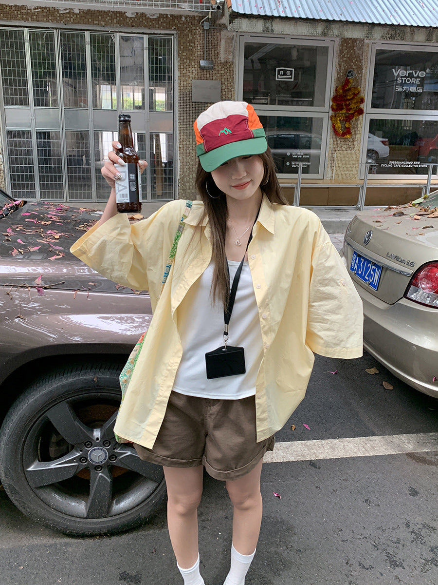 Women Yellow Lapel Shirt 2026 Loose Summer Chic Top