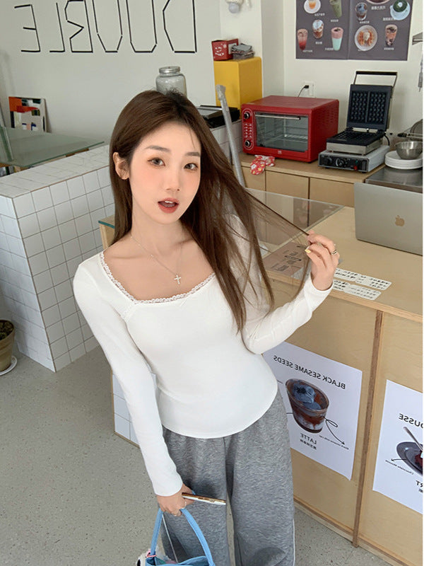 Women White Lace Bow Square Collar Top 2026 Slim Fit