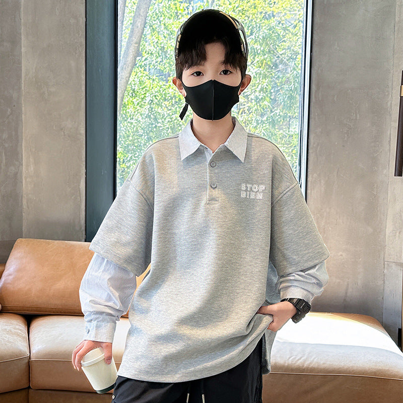 Boys’ 2025 Faux Two-Piece Sweatshirt – Stylish Polo Top – Kids Fashion Nepal | Tudoholic