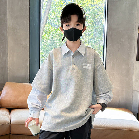 Boys’ 2025 Faux Two-Piece Sweatshirt – Stylish Polo Top – Kids Fashion Nepal | Tudoholic
