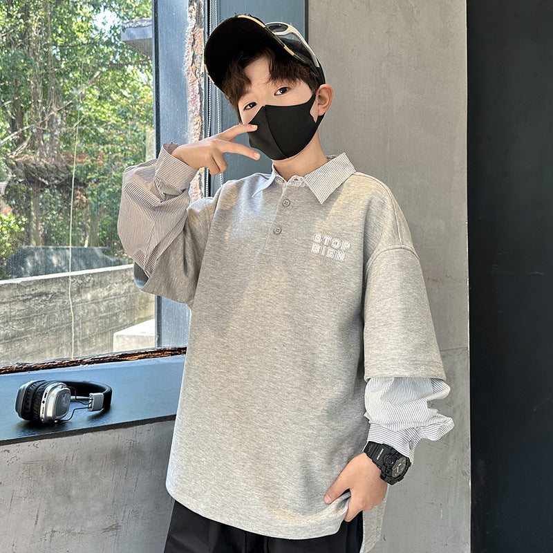 Boys’ 2025 Faux Two-Piece Sweatshirt – Stylish Polo Top – Kids Fashion Nepal | Tudoholic