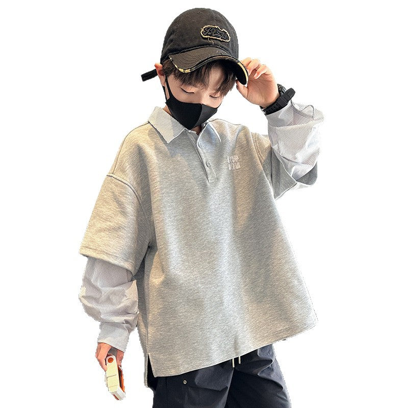 Boys’ 2025 Faux Two-Piece Sweatshirt – Stylish Polo Top – Kids Fashion Nepal | Tudoholic