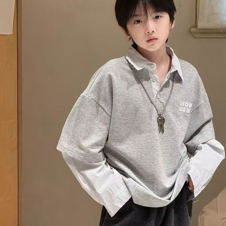 Boys’ 2025 Fake Two-Piece Polo – Long Sleeve Top – Kids Fashion Nepal | Tudoholic