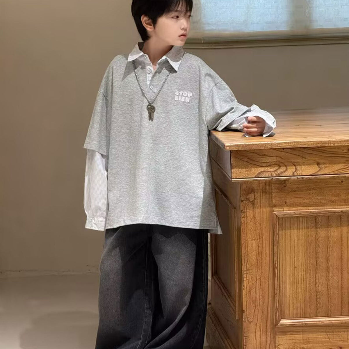 Boys’ 2025 Fake Two-Piece Polo – Long Sleeve Top – Kids Fashion Nepal | Tudoholic