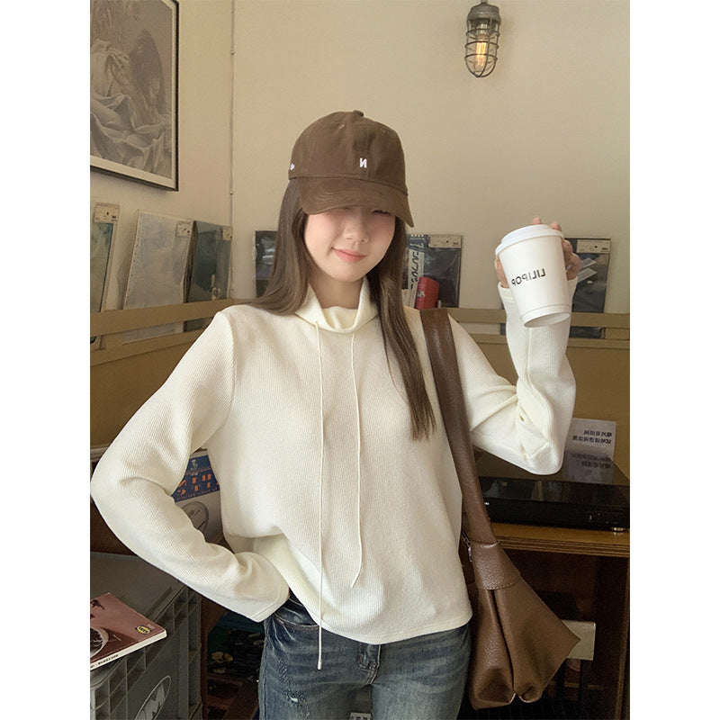 Apricot Half Collar Drawstring Women Winter Base Top