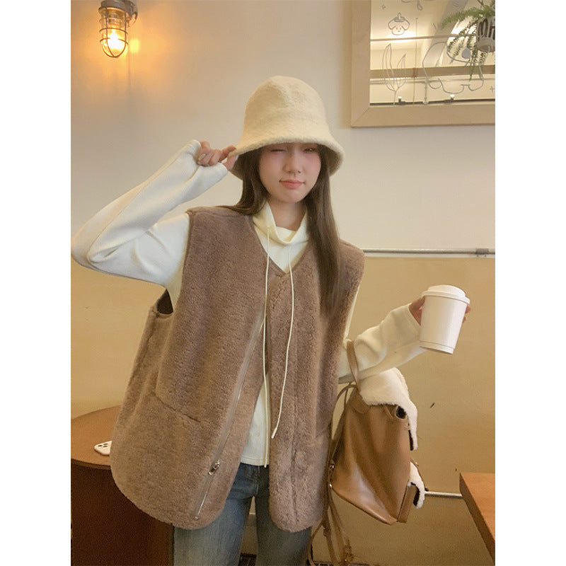 Apricot Half Collar Drawstring Women Winter Base Top