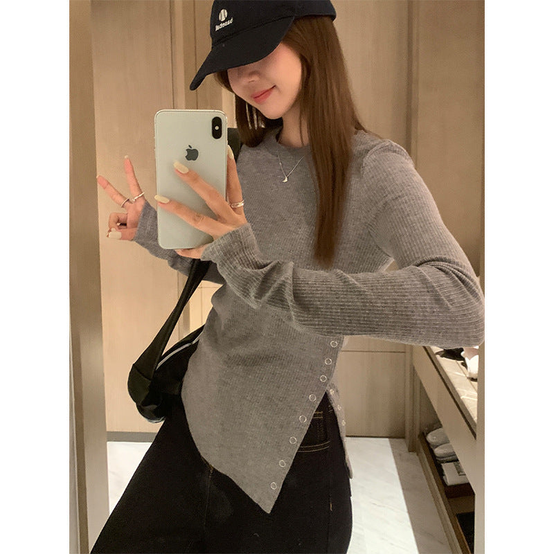 Korean Gray Round Neck Women Winter Base Layer Top