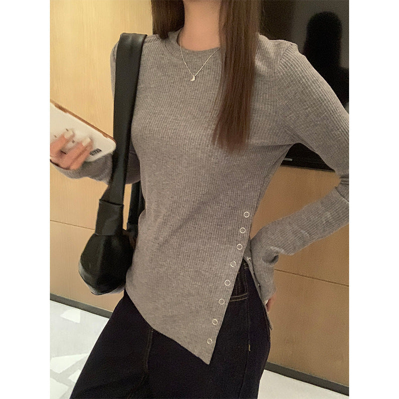 Korean Gray Round Neck Women Winter Base Layer Top
