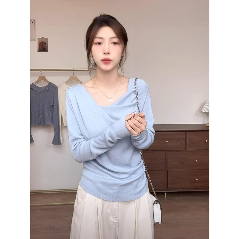 Light Blue Clavicle Slim Women Autumn Base Sweater