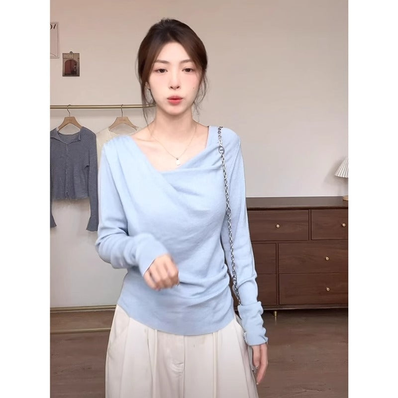 Light Blue Clavicle Slim Women Autumn Base Sweater