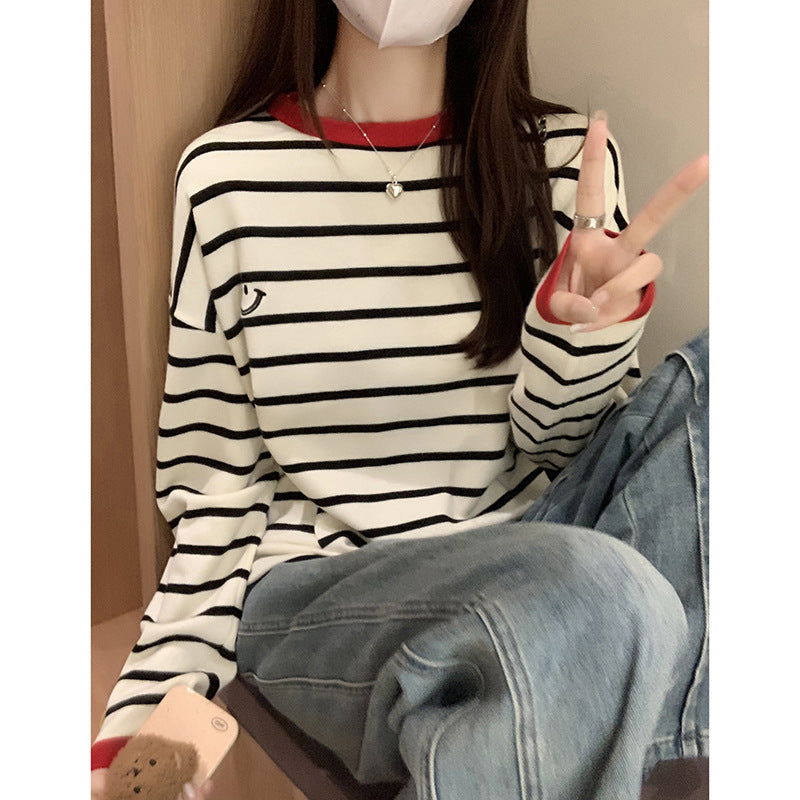 Stripe Smiley Knit Women Crewneck Autumn Base Top