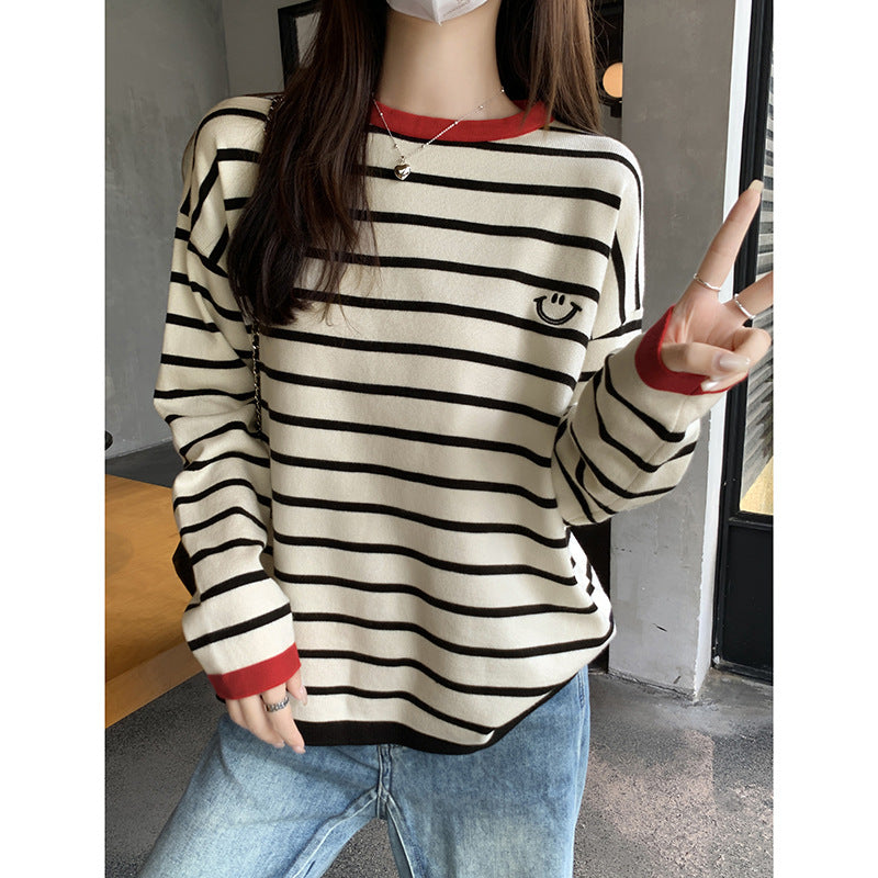 Stripe Smiley Knit Women Crewneck Autumn Base Top