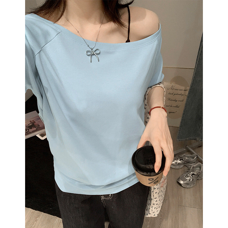 Blue Off Shoulder Women Summer Loose Sexy T-Shirt