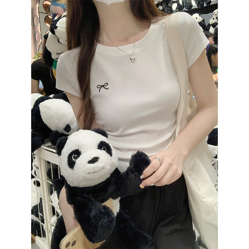 White Bow Embroidered Women Slim Fit Summer T-Shirt