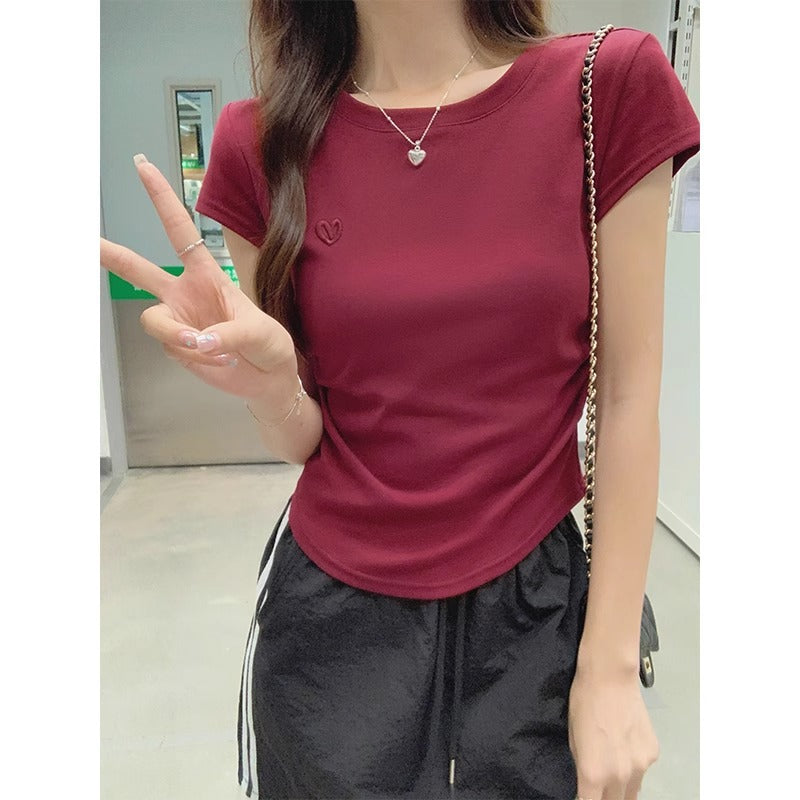 Wine Red Embroidered Women Slim Fit Summer T-Shirt