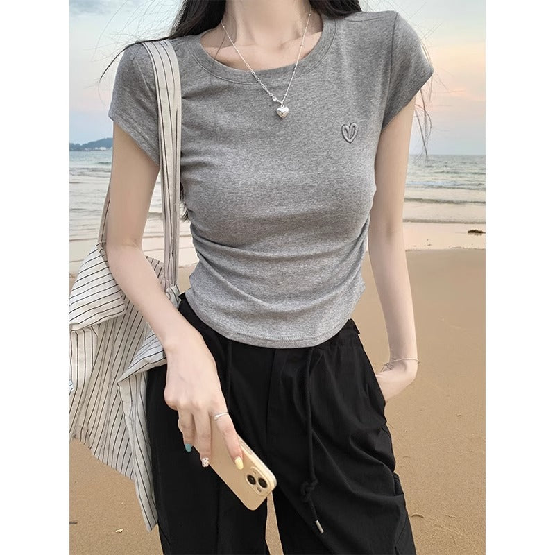 Solid Color Embroidered Women Slim Fit Summer T-Shirt
