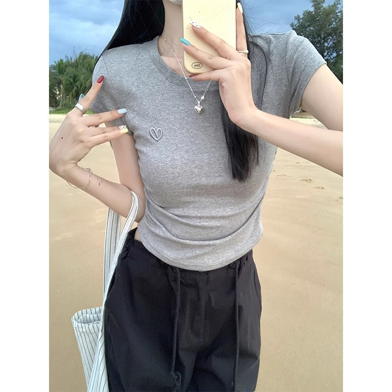 Solid Color Embroidered Women Slim Fit Summer T-Shirt