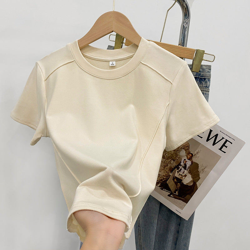 Solid Round Neck Slim Women Summer Fishbone T-Shirt