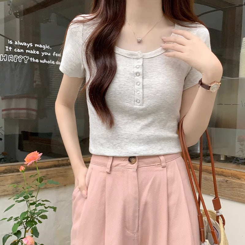 American Style U Neck Women Slim Fit Summer T-Shirt