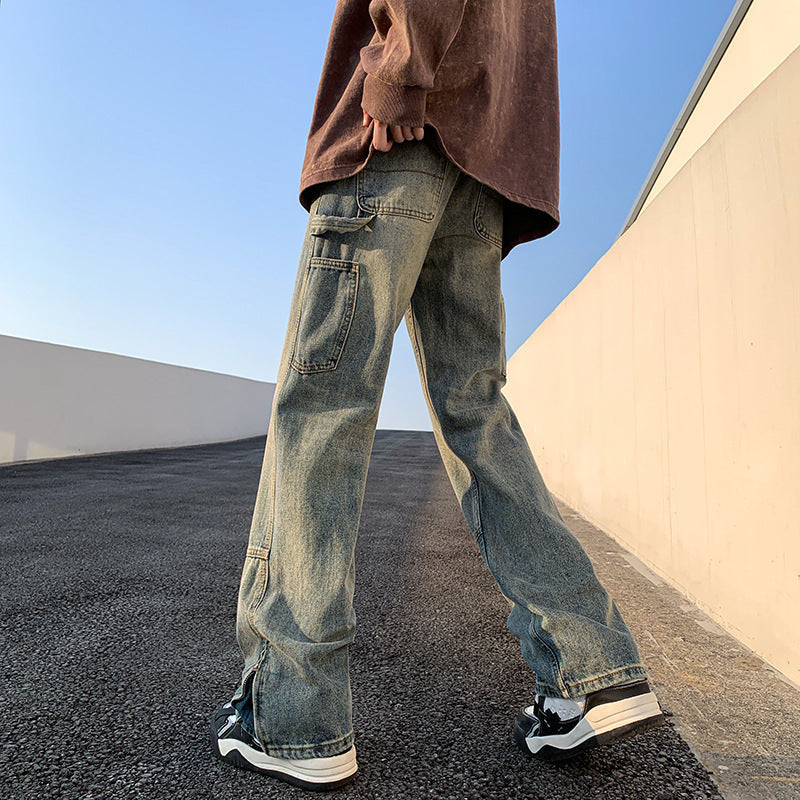 Washed Straight Fit Split Denim Jeans