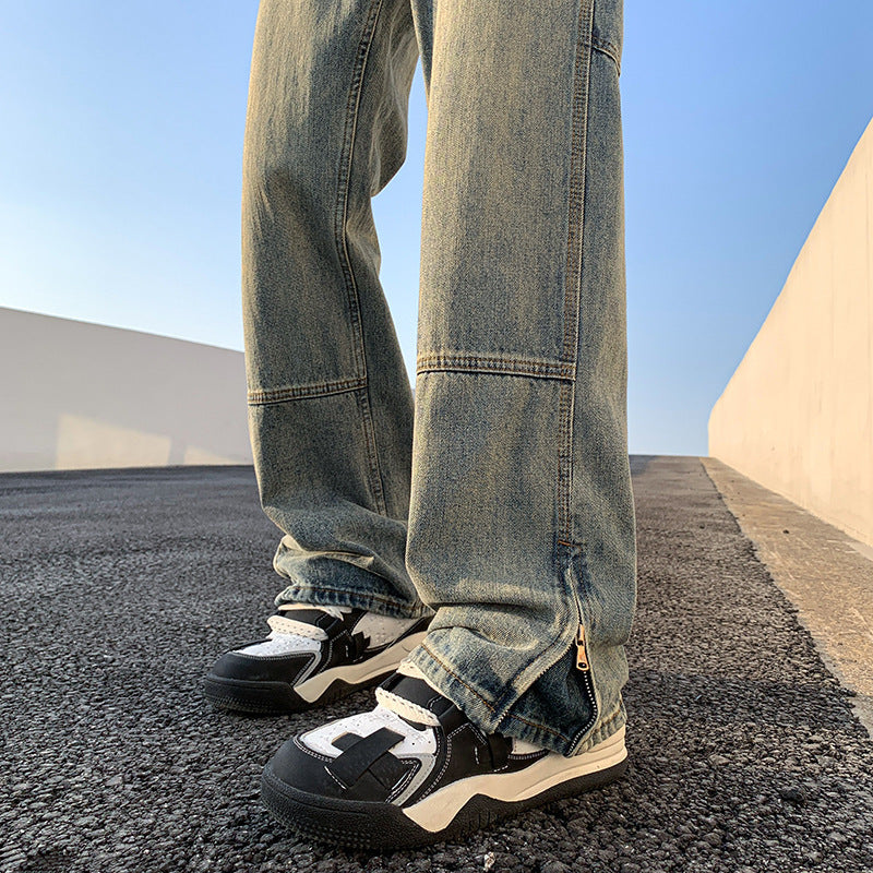 Washed Straight Fit Split Denim Jeans