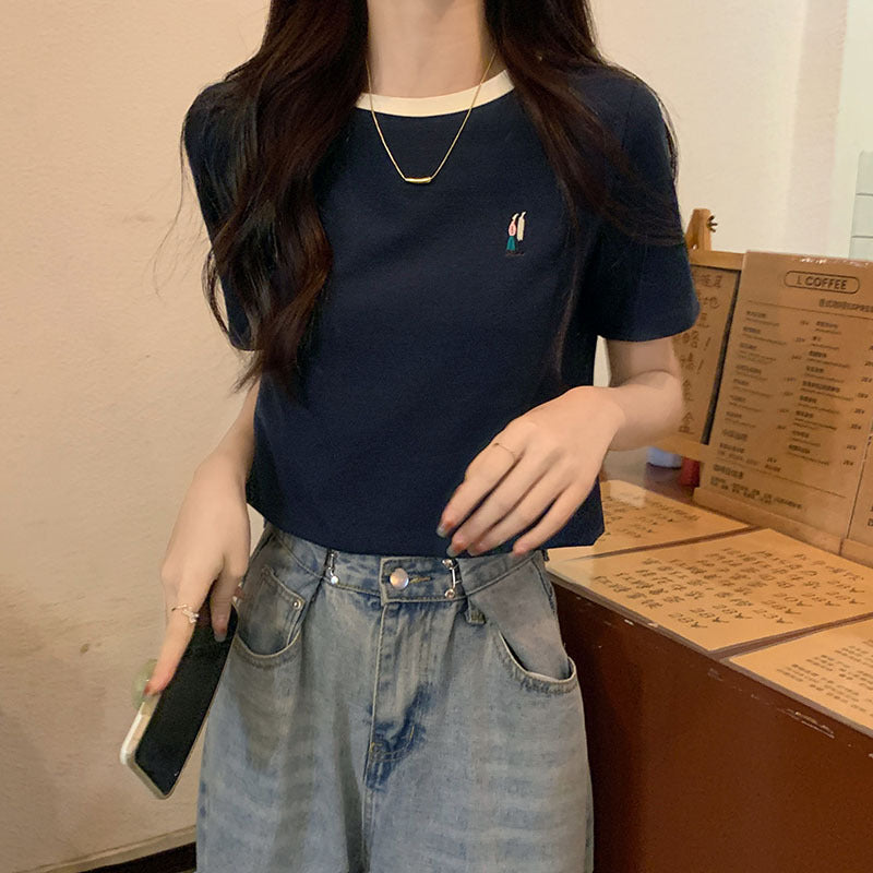 Color Block Waffle Knit Women Embroidered Summer Top