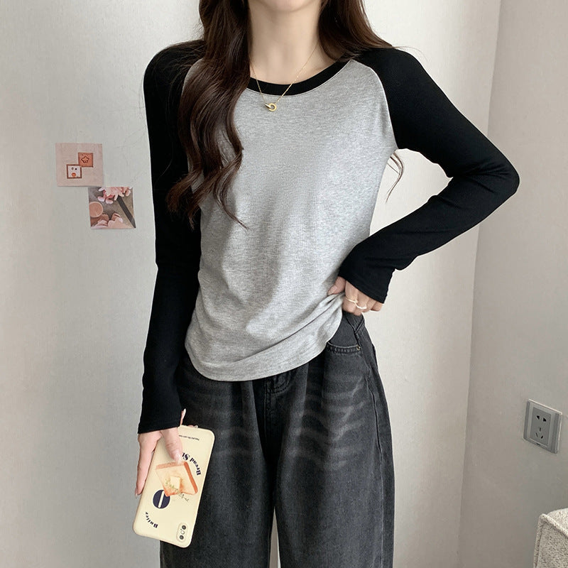 Raglan Spliced Women Slim Fit Autumn Short T-Shirt