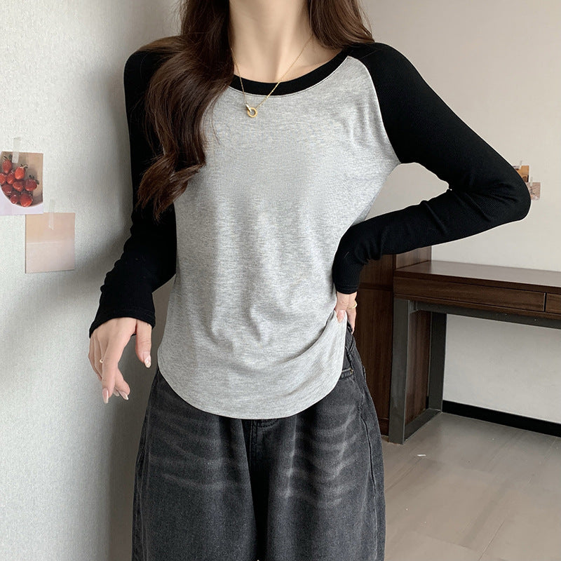 Raglan Spliced Women Slim Fit Autumn Short T-Shirt