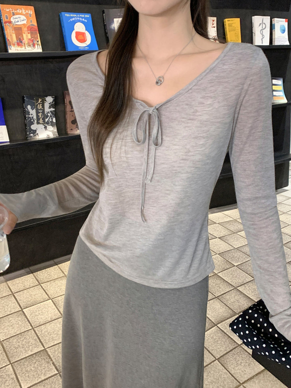 Pure Color Lace-Up Women Slim Fit Autumn Top