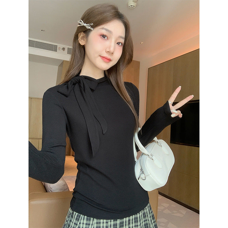 Black Bow Strap Women Slim Winter Sweater Top