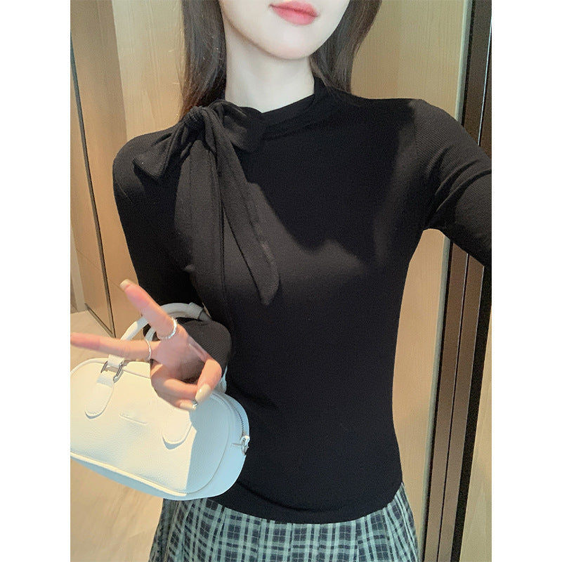 Black Bow Strap Women Slim Winter Sweater Top