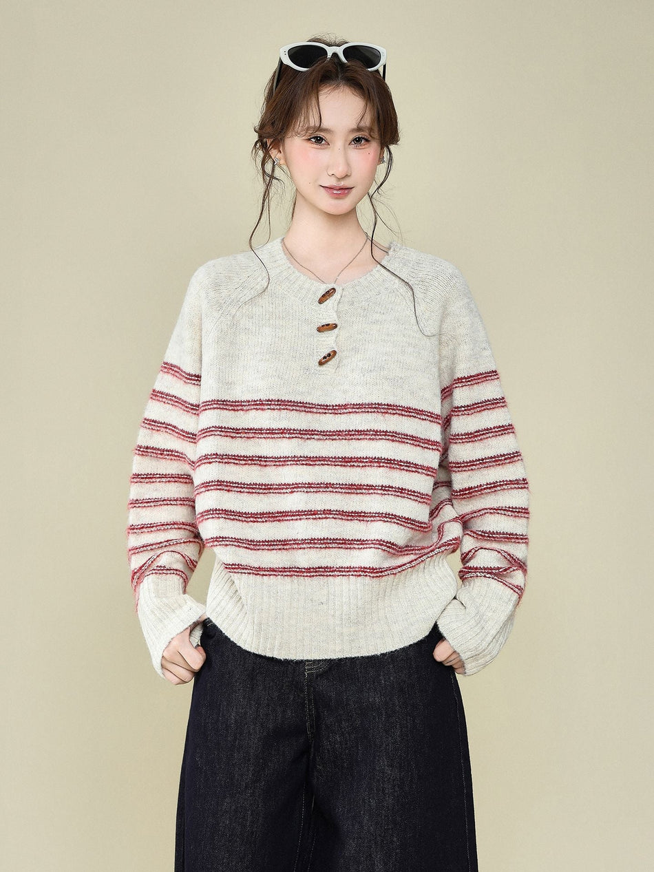 Striped Horn Buckle Women Knit Winter Pullover Top