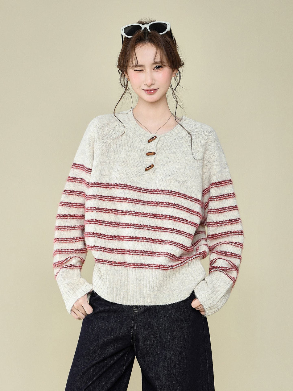 Striped Horn Buckle Women Knit Winter Pullover Top