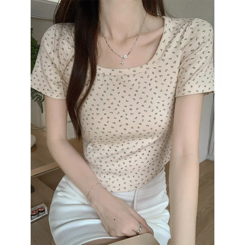 Floral Square Collar Women Slim Summer T-Shirt